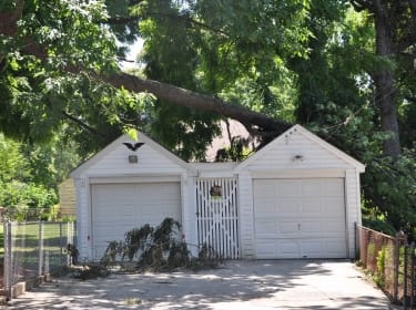 Tree removal after falling on garage in Maryland.